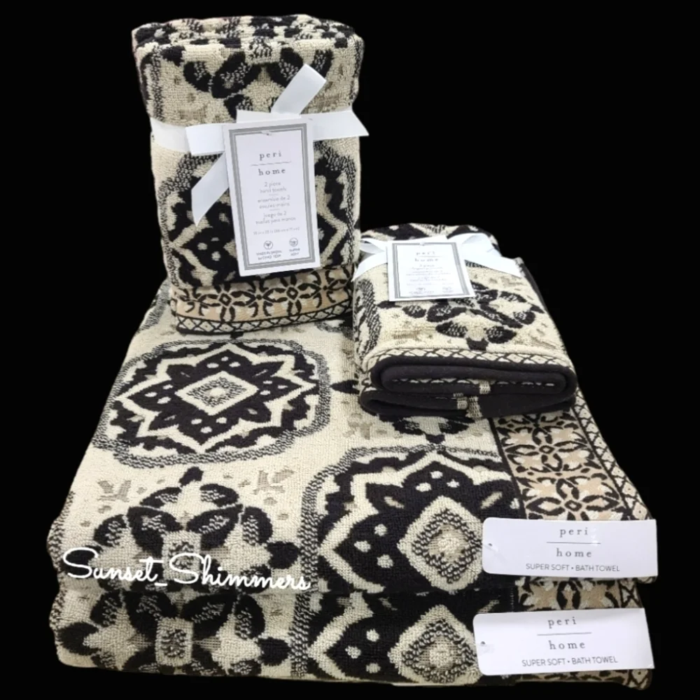 6pc Peri Home Tan & Black Mediterranean Tile Bath Hand Tip Towel Set New